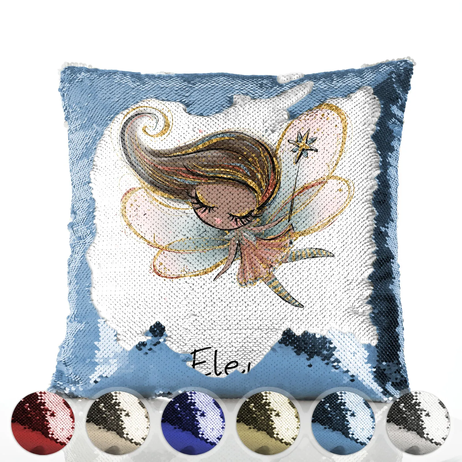 Personalised Sequin Cushion with Cute Text and Gold Wand Blonde Hair Fairy