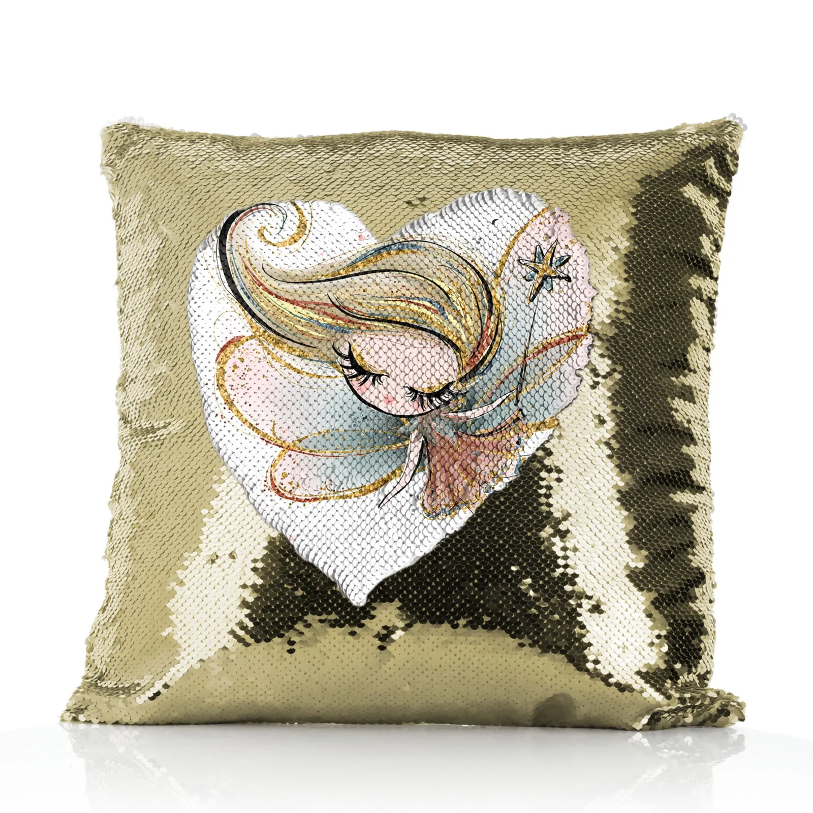 Personalised Sequin Cushion with Cute Text and Gold Wand Blonde Hair Fairy