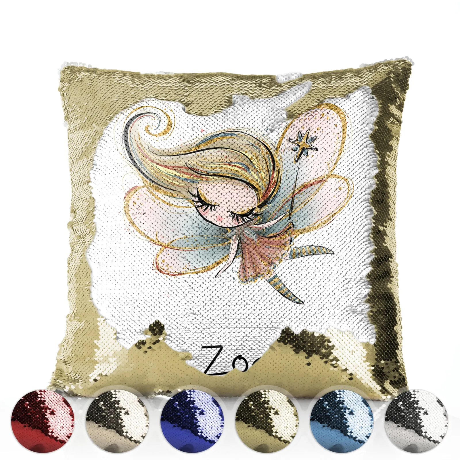 Personalised Sequin Cushion with Cute Text and Gold Wand Blonde Hair Fairy