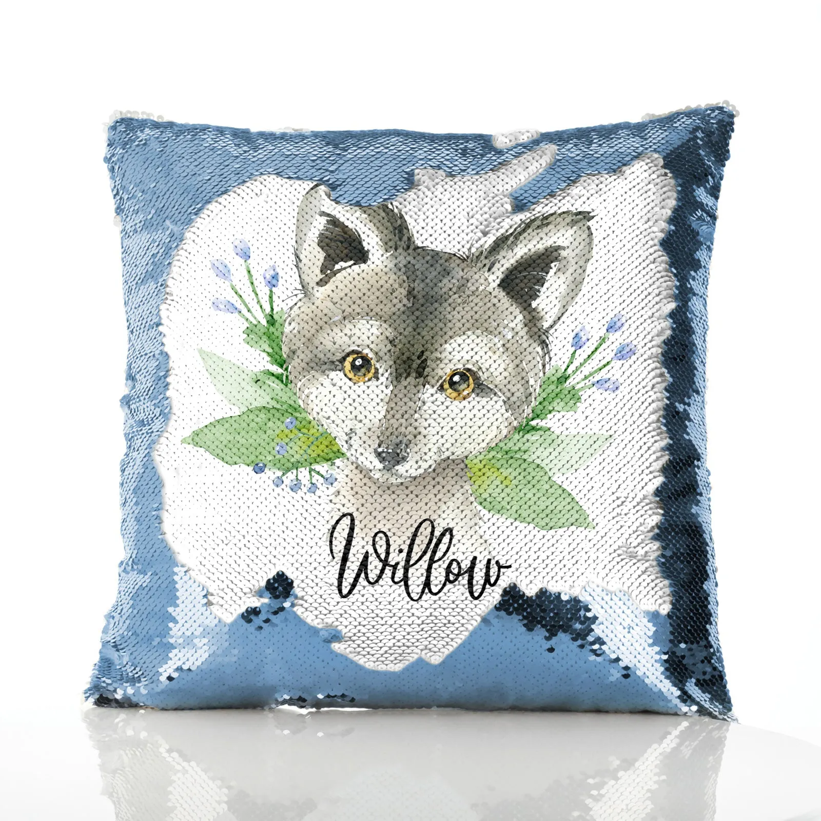 Personalised Sequin Cushion with Grey Wolf Blue Flowers and Cute Text