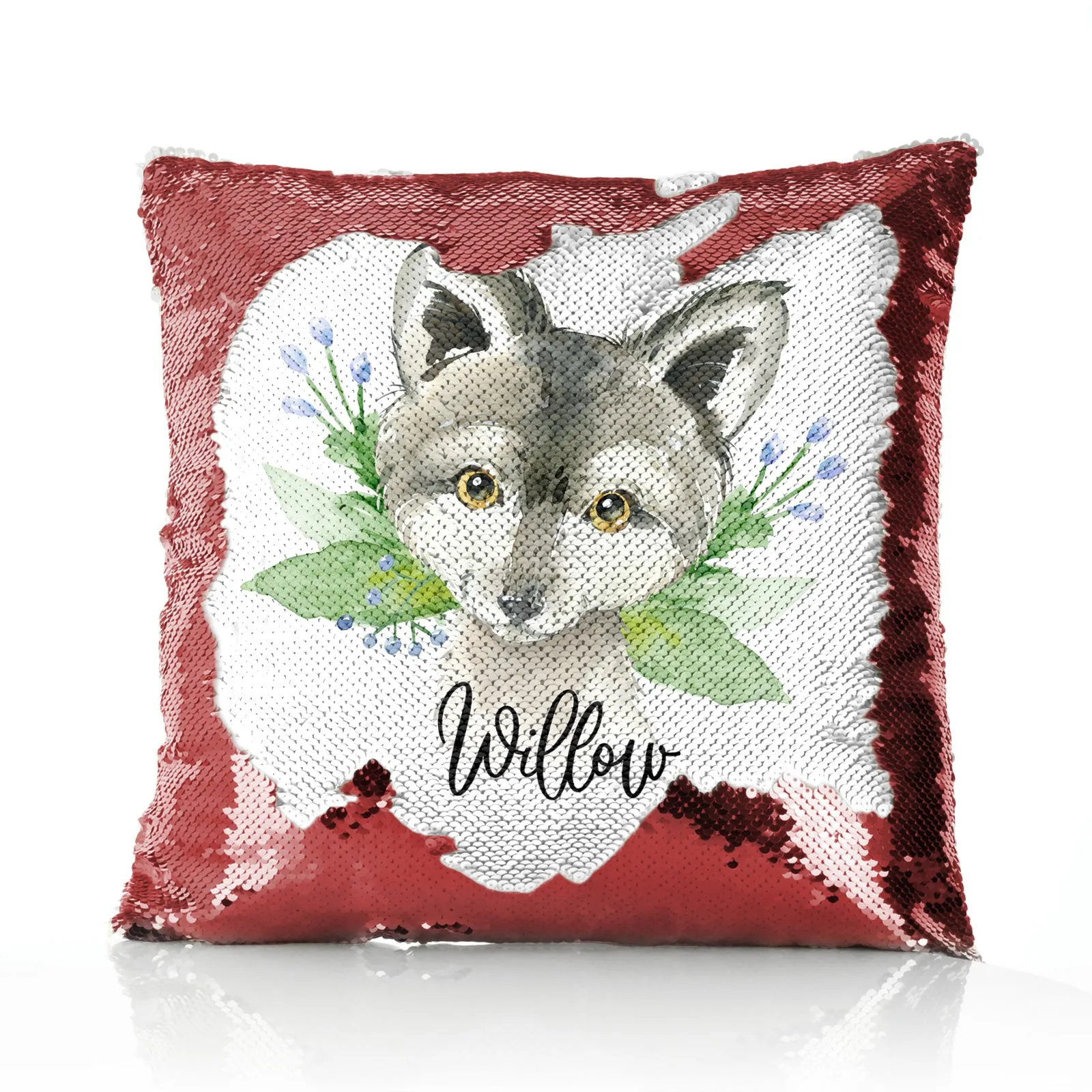 Personalised Sequin Cushion with Grey Wolf Blue Flowers and Cute Text