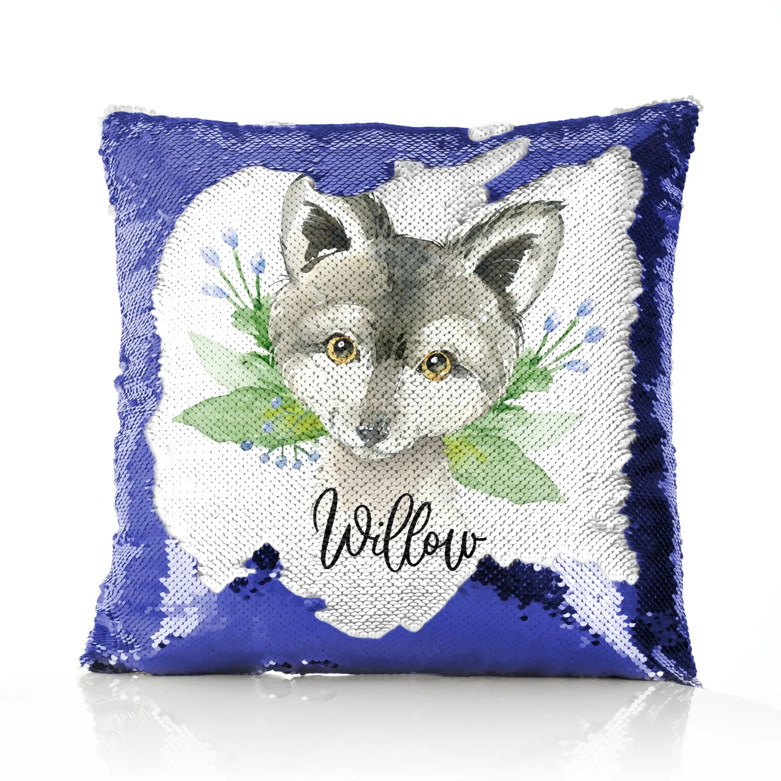 Personalised Sequin Cushion with Grey Wolf Blue Flowers and Cute Text