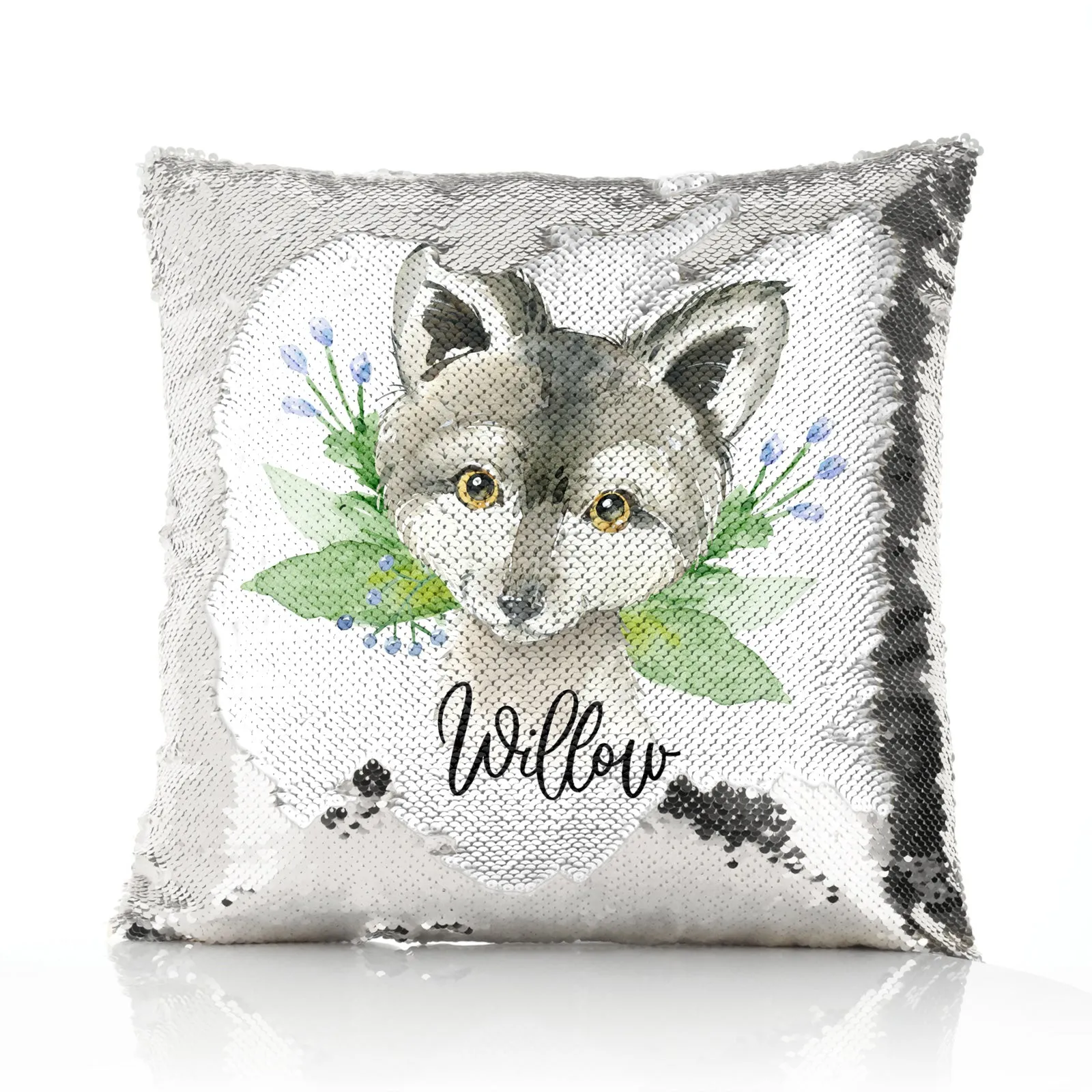 Personalised Sequin Cushion with Grey Wolf Blue Flowers and Cute Text