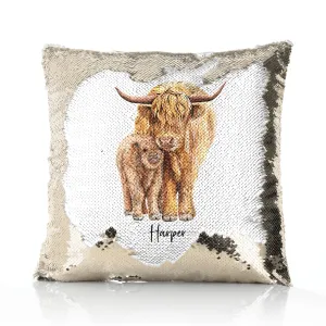 Personalised Sequin Cushion with Welcoming Text and Relaxing Mum and Baby Highland Cows