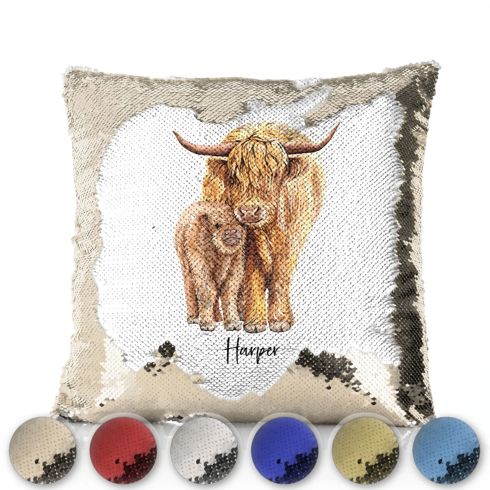 Personalised Sequin Cushion with Welcoming Text and Relaxing Mum and Baby Highland Cows