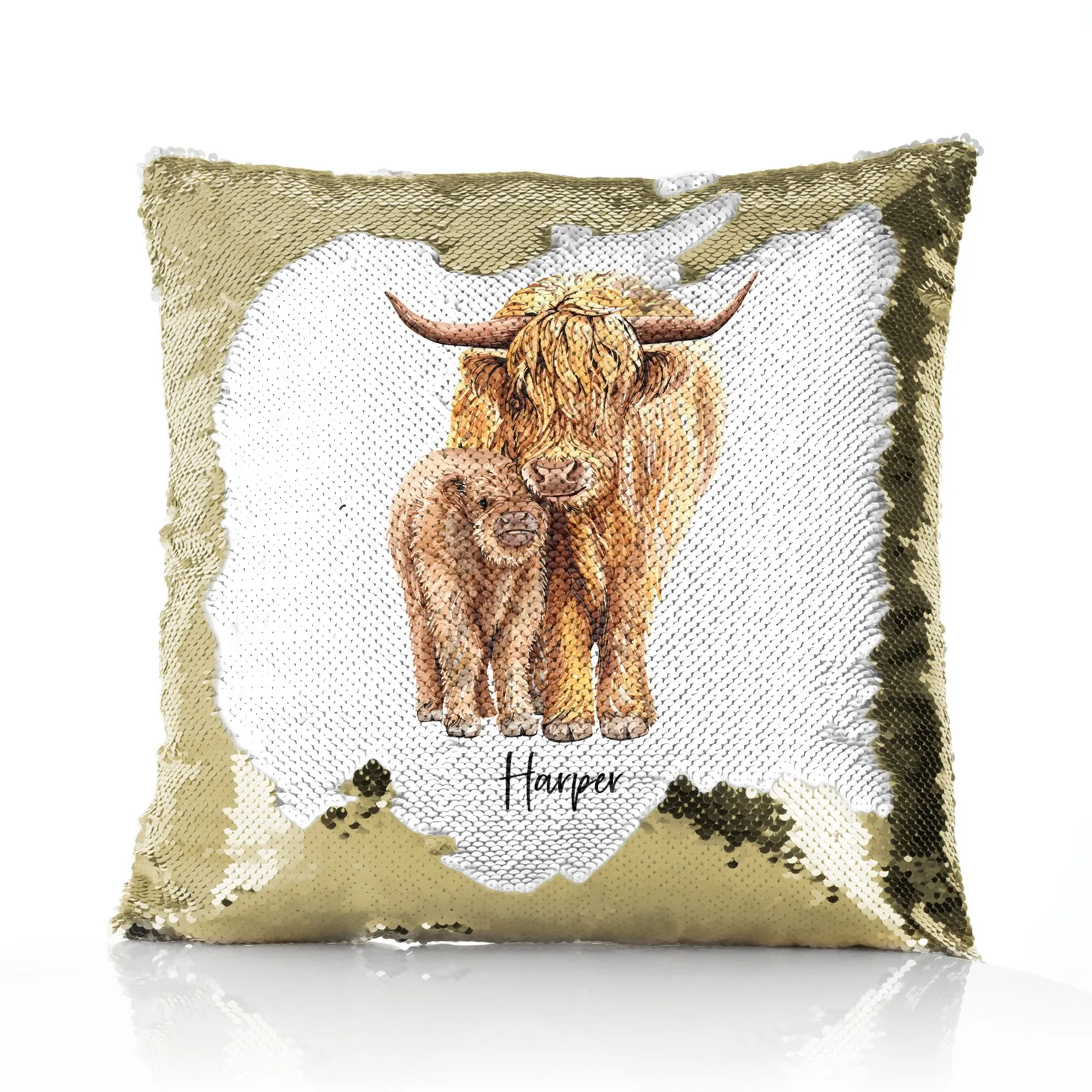 Personalised Sequin Cushion with Welcoming Text and Relaxing Mum and Baby Highland Cows
