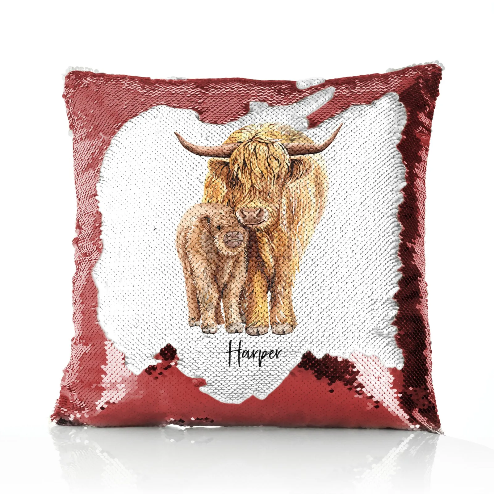 Personalised Sequin Cushion with Welcoming Text and Relaxing Mum and Baby Highland Cows