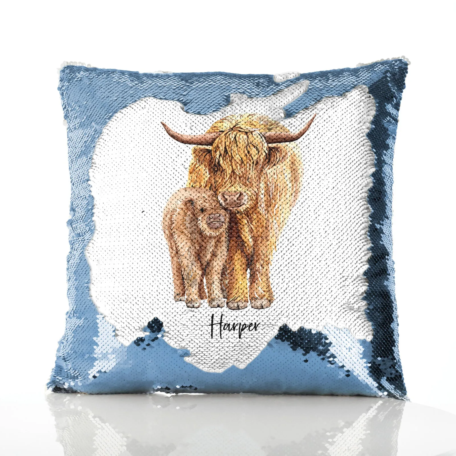 Personalised Sequin Cushion with Welcoming Text and Relaxing Mum and Baby Highland Cows
