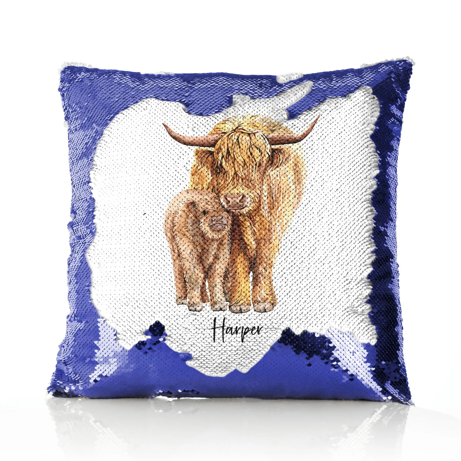Personalised Sequin Cushion with Welcoming Text and Relaxing Mum and Baby Highland Cows