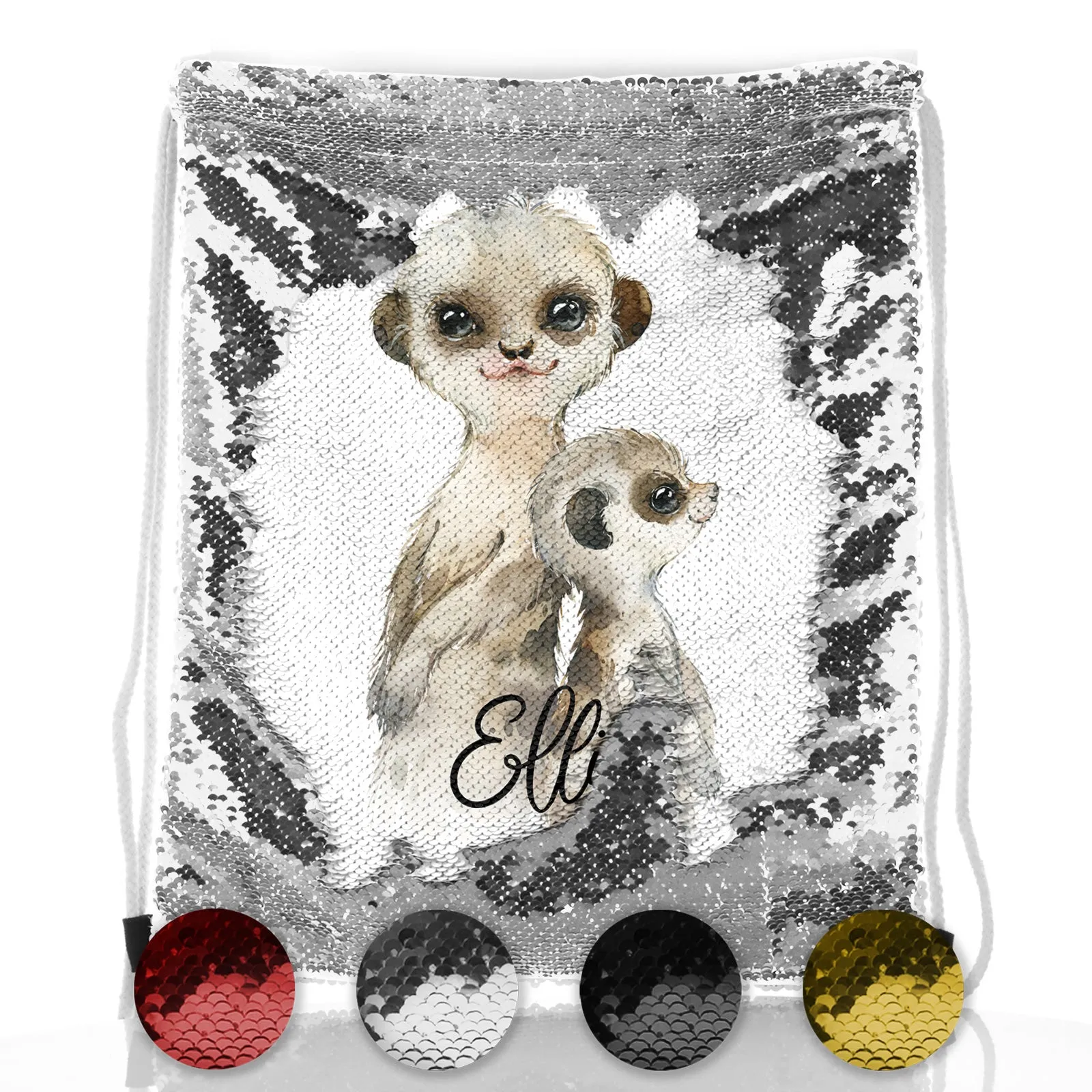 Personalised Sequin Drawstring Backpack with Meerkat Baby and Adult and Cute Text