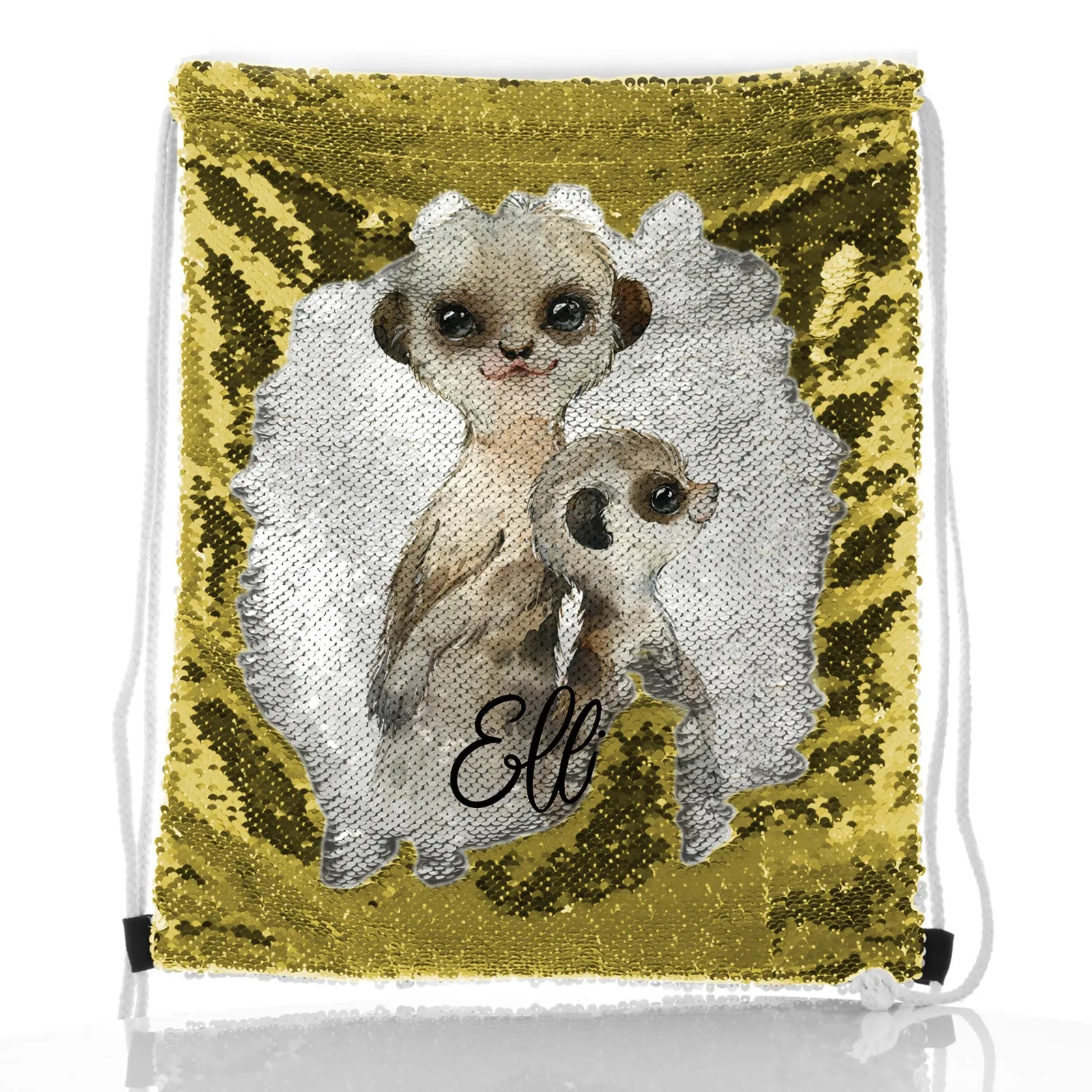 Personalised Sequin Drawstring Backpack with Meerkat Baby and Adult and Cute Text