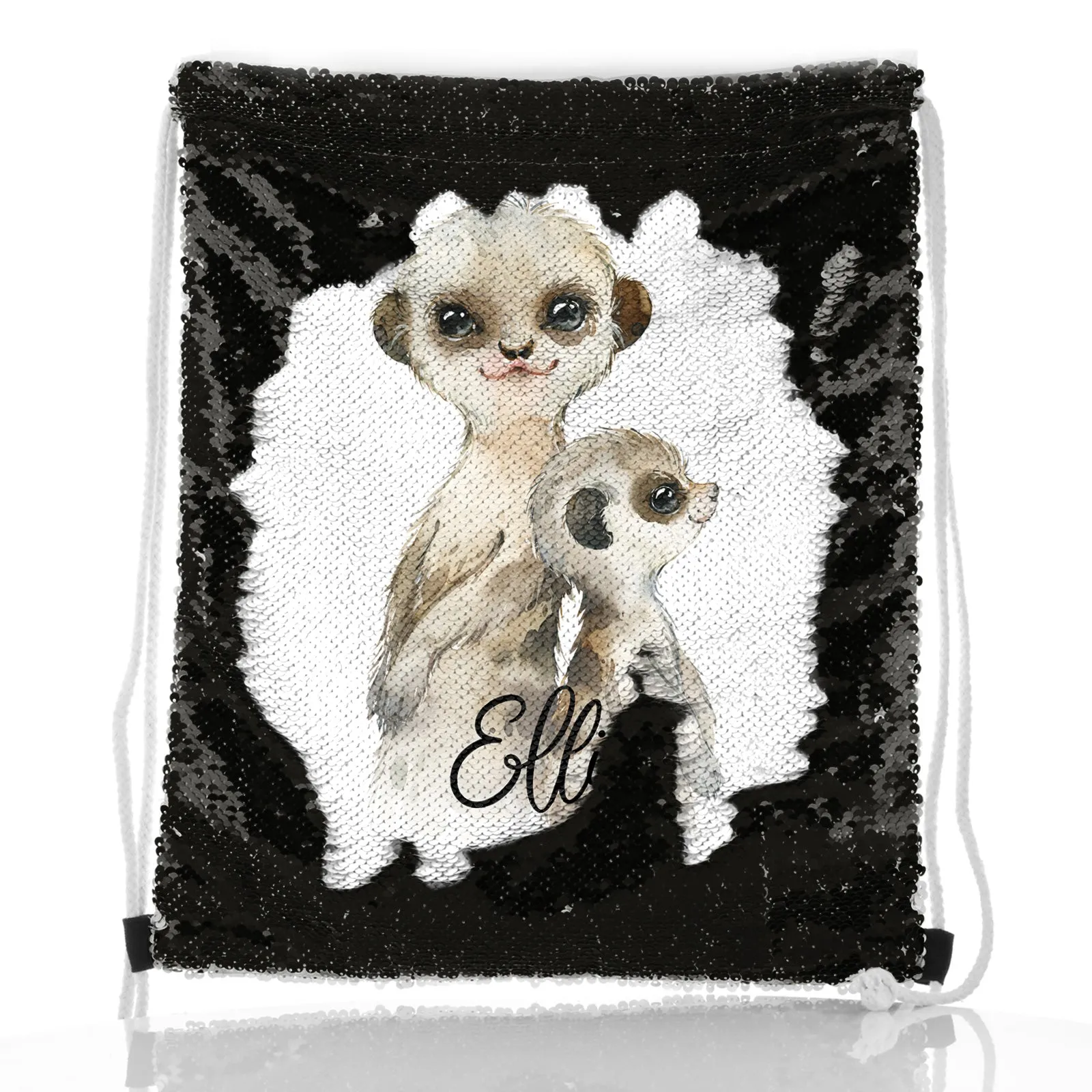 Personalised Sequin Drawstring Backpack with Meerkat Baby and Adult and Cute Text