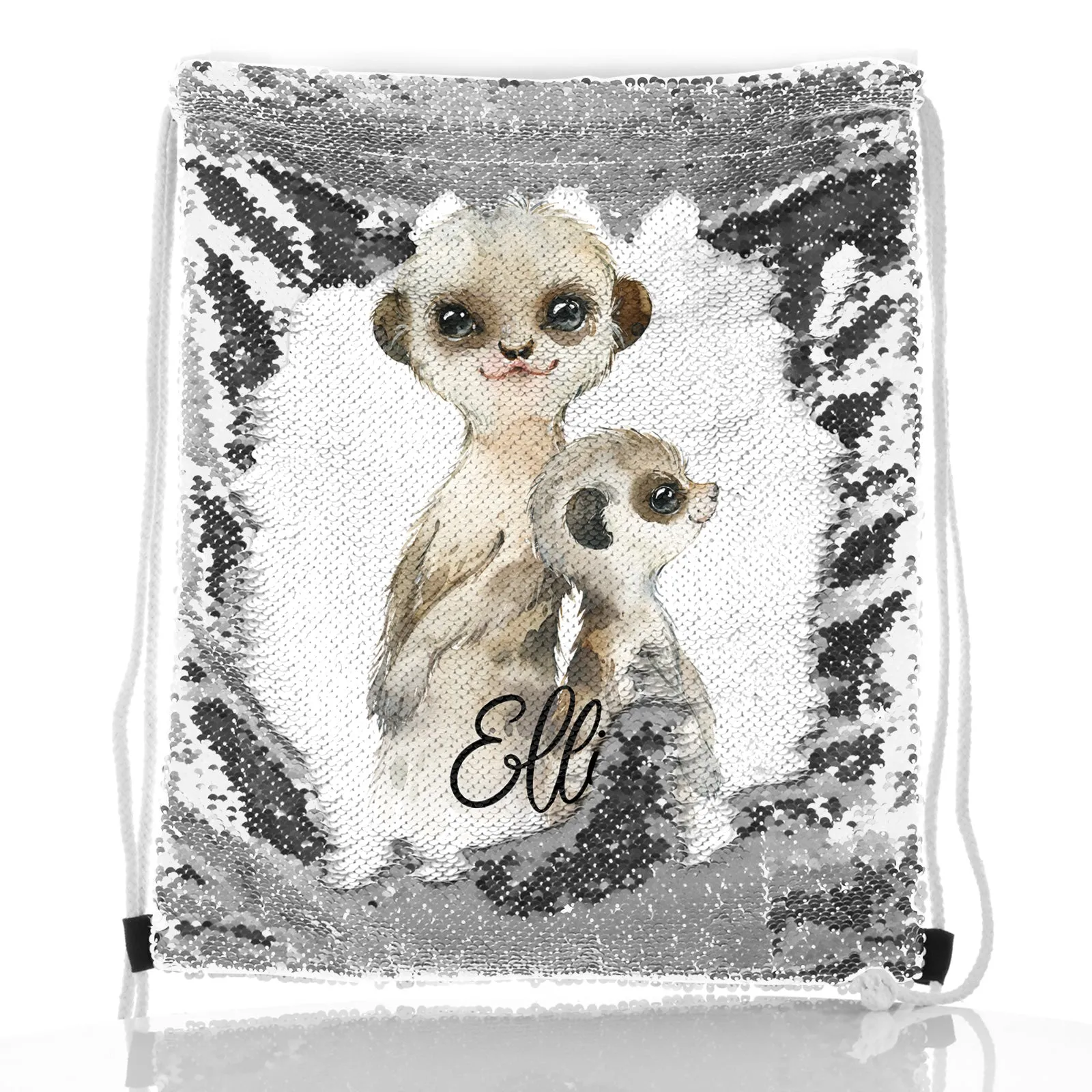 Personalised Sequin Drawstring Backpack with Meerkat Baby and Adult and Cute Text