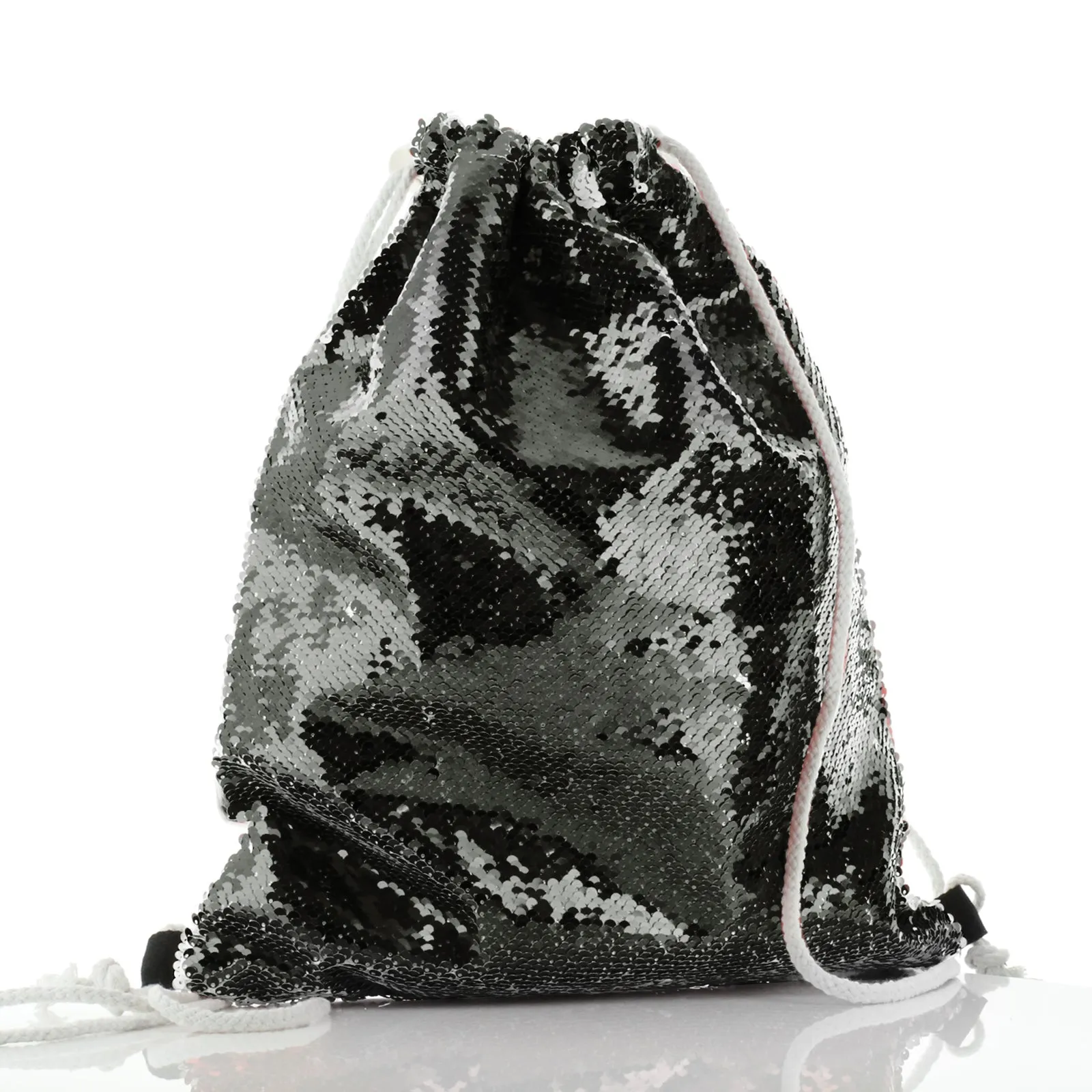 Personalised Sequin Drawstring Backpack with Meerkat Baby and Adult and Cute Text