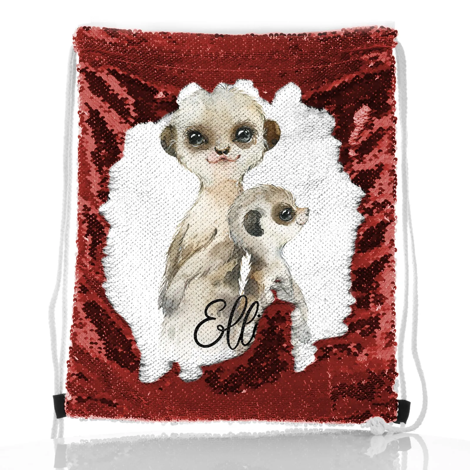 Personalised Sequin Drawstring Backpack with Meerkat Baby and Adult and Cute Text