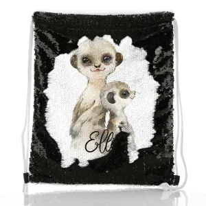 Personalised Sequin Drawstring Backpack with Meerkat Baby and Adult and Cute Text