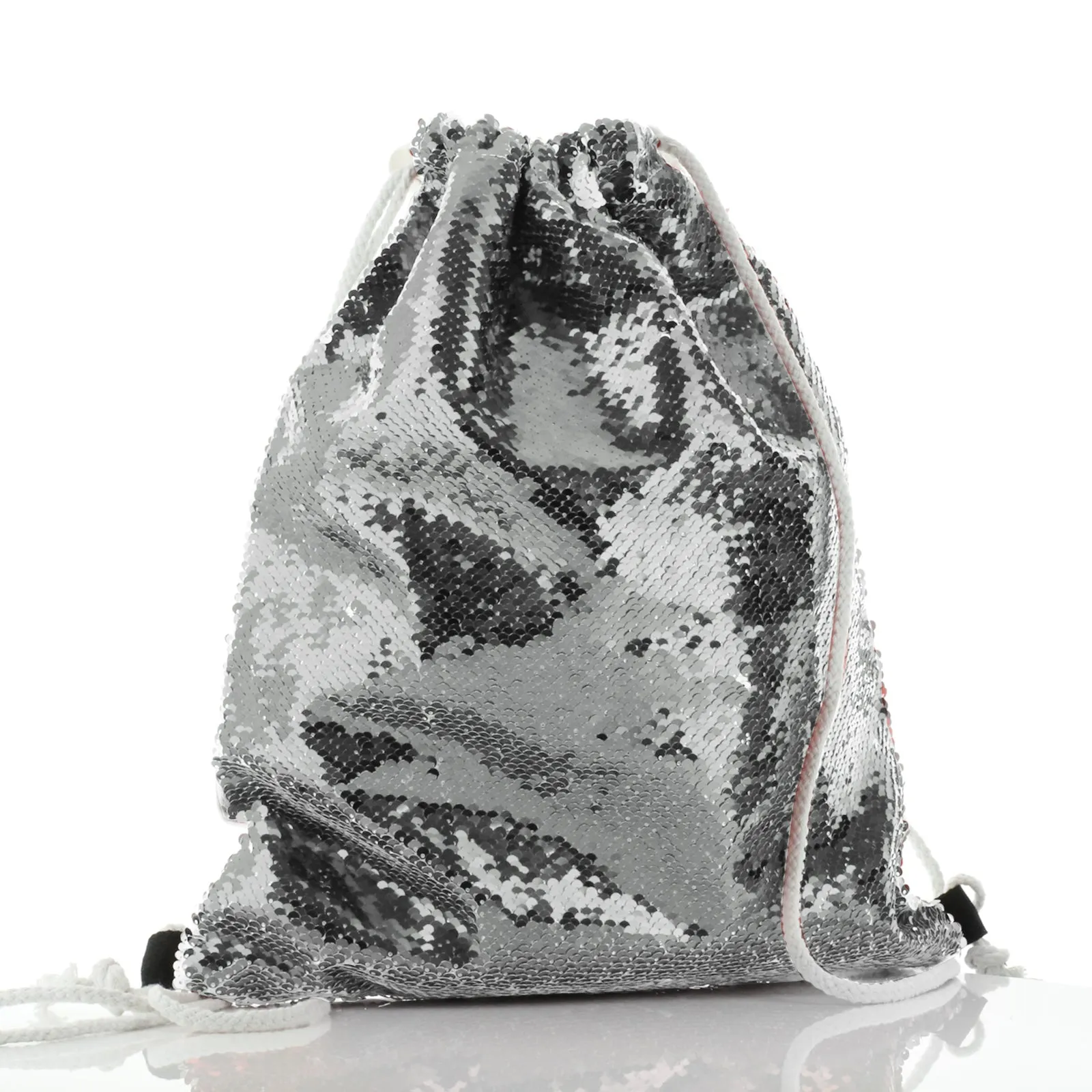 Personalised Sequin Drawstring Backpack with Meerkat Baby and Adult and Cute Text