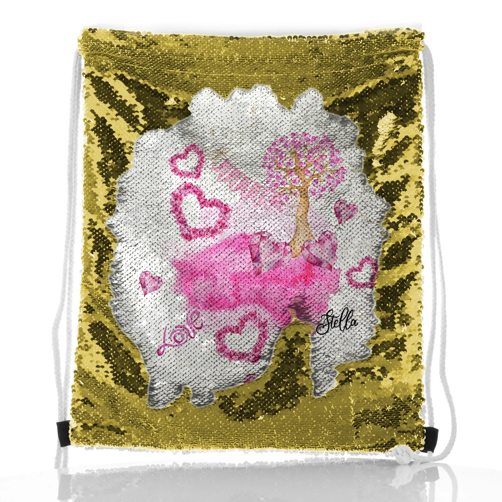 Personalised Sequin Drawstring Backpack with Stylish Text and Pink Love Landscape Print