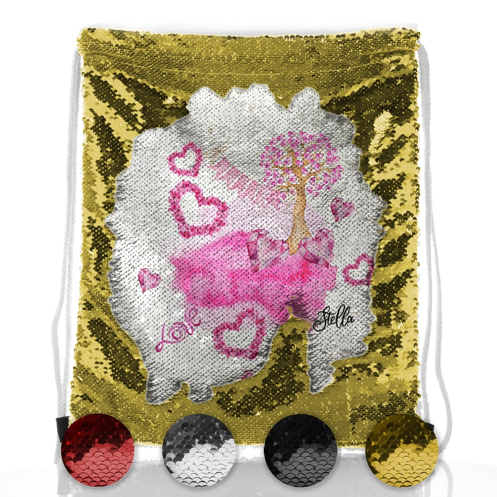 Personalised Sequin Drawstring Backpack with Stylish Text and Pink Love Landscape Print