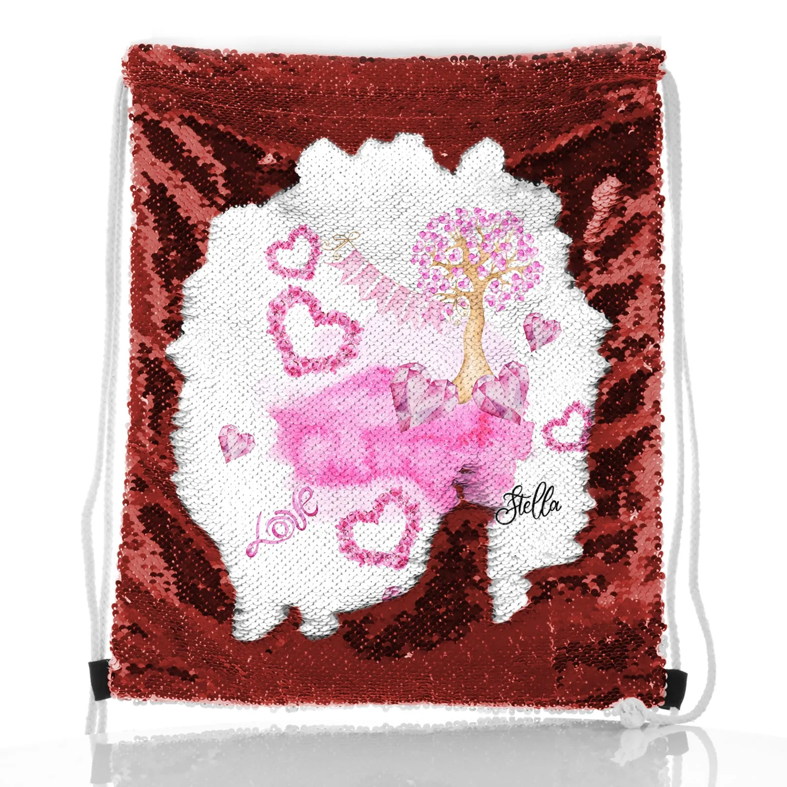 Personalised Sequin Drawstring Backpack with Stylish Text and Pink Love Landscape Print
