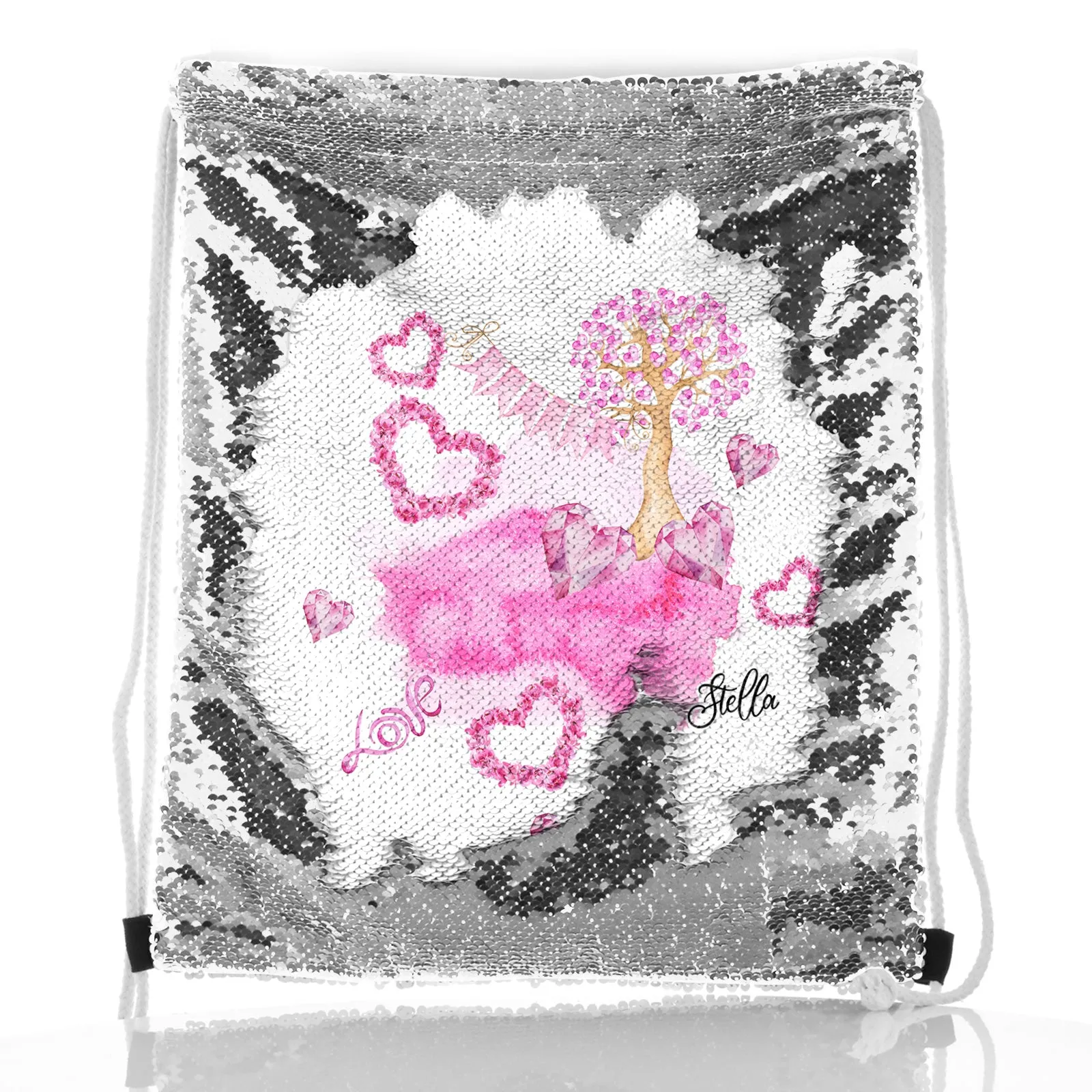 Personalised Sequin Drawstring Backpack with Stylish Text and Pink Love Landscape Print