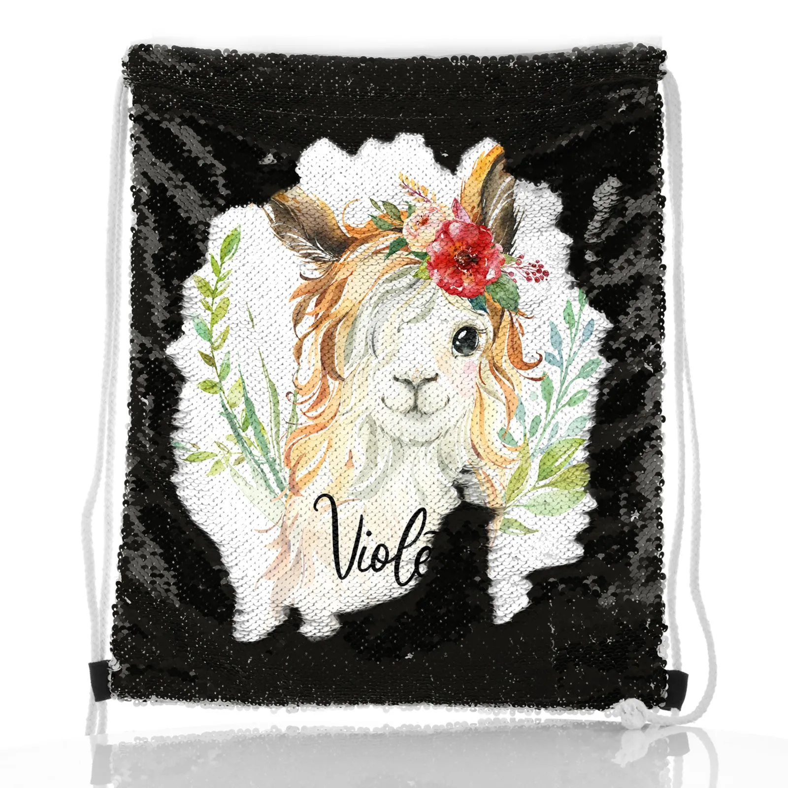 Personalised Sequin Drawstring Backpack with White Goat with Red Flower Hair and Cute Text