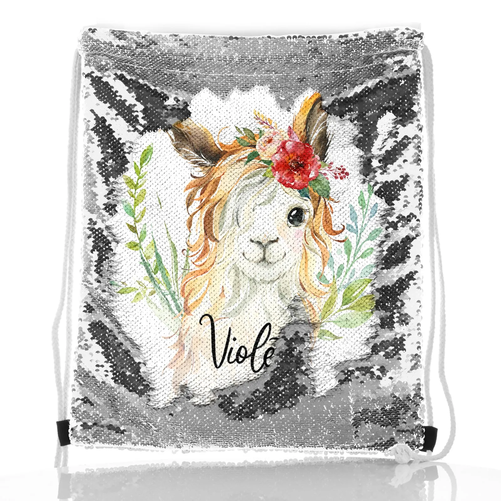 Personalised Sequin Drawstring Backpack with White Goat with Red Flower Hair and Cute Text
