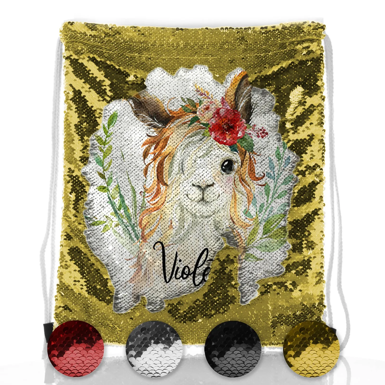 Personalised Sequin Drawstring Backpack with White Goat with Red Flower Hair and Cute Text