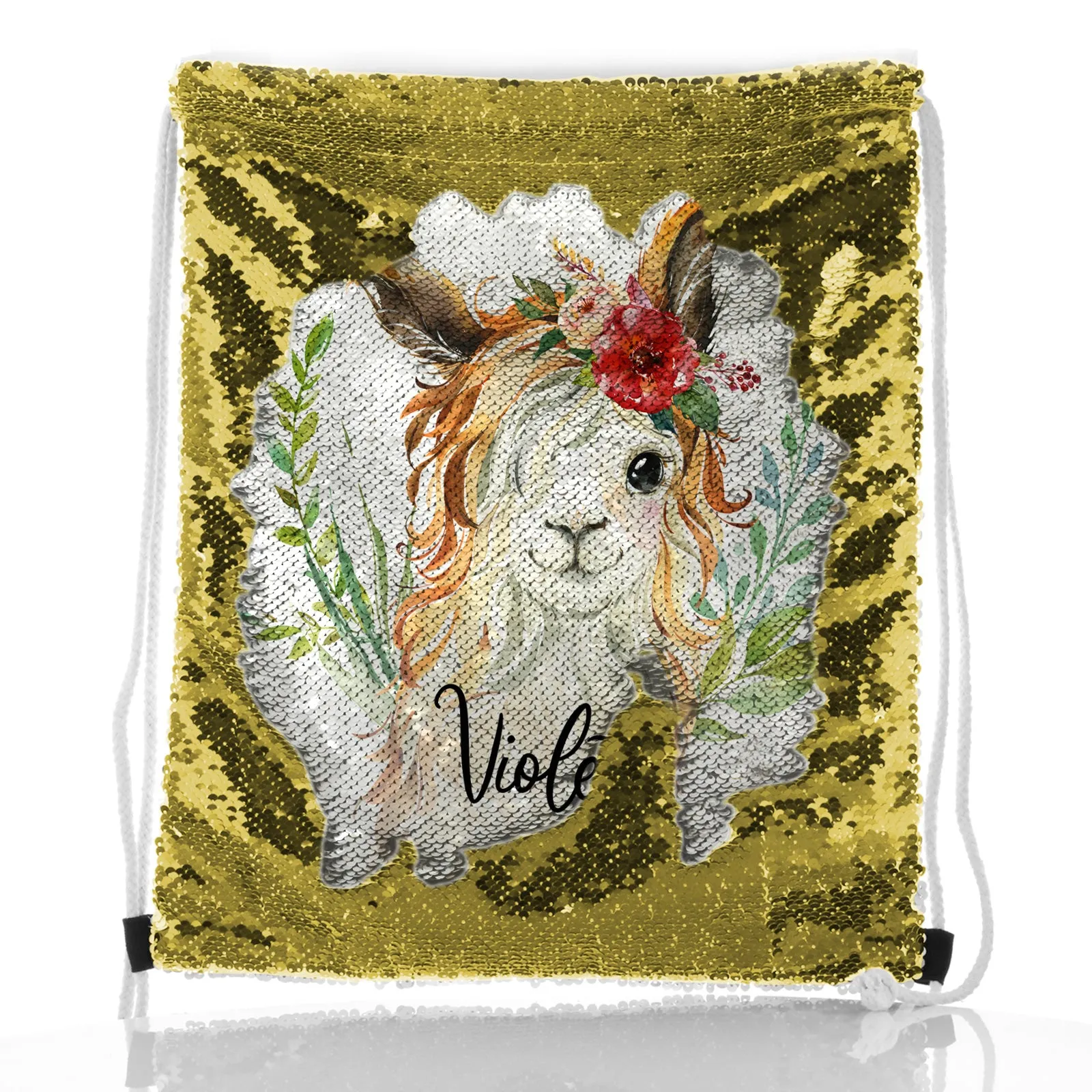 Personalised Sequin Drawstring Backpack with White Goat with Red Flower Hair and Cute Text
