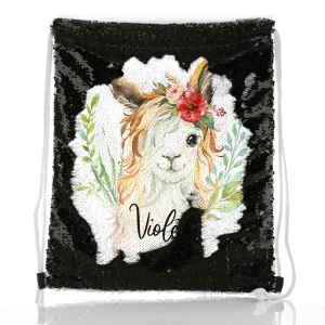 Personalised Sequin Drawstring Backpack with White Goat with Red Flower Hair and Cute Text