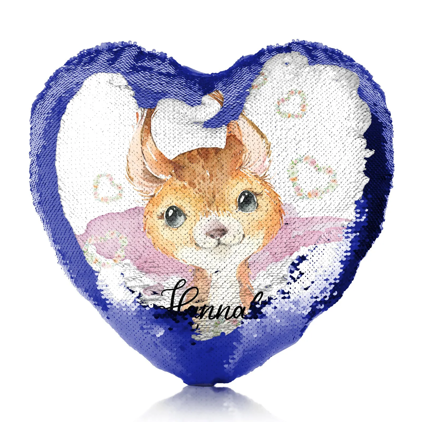 Personalised Sequin Heart Cushion with Red squirrel Heart Wreaths and Cute Text