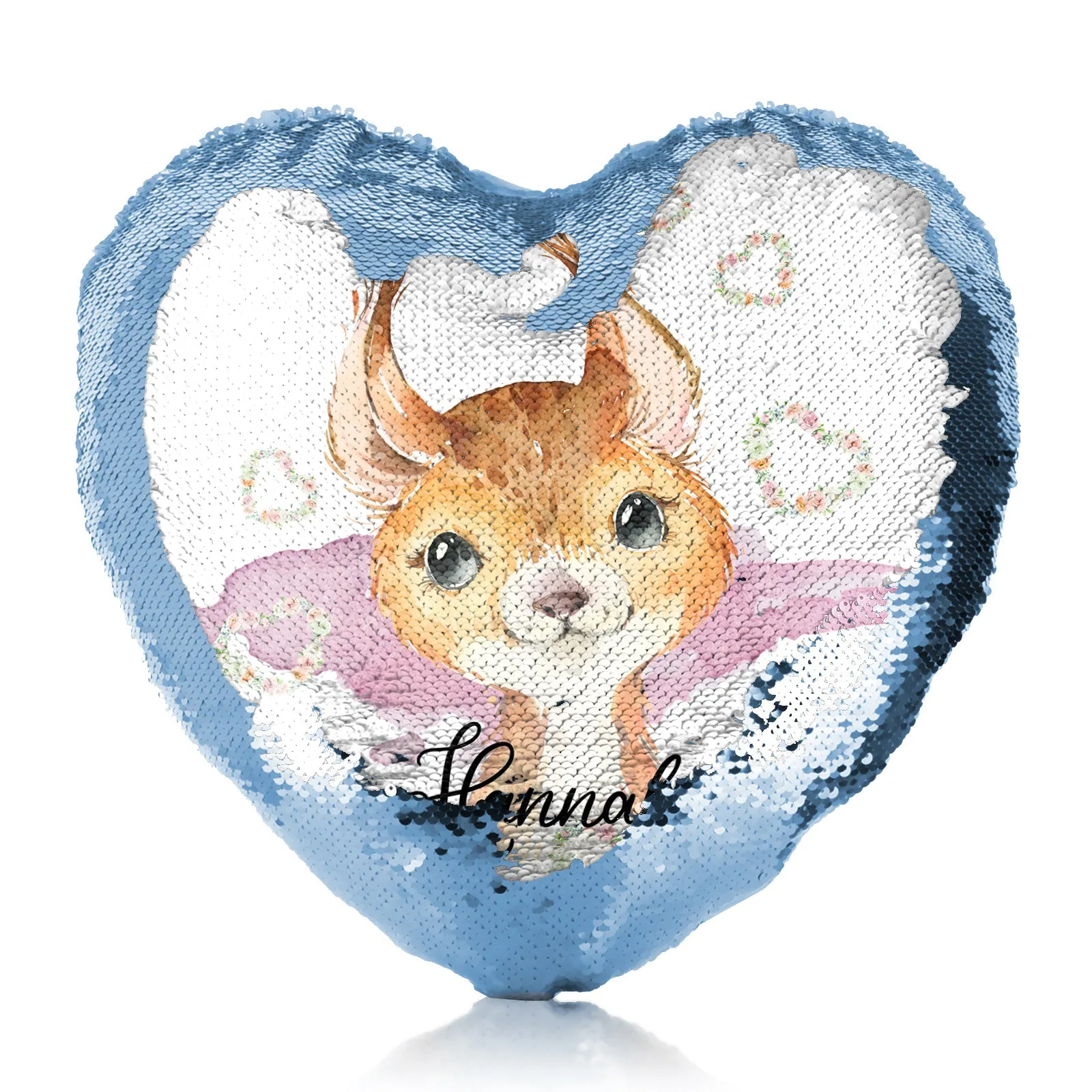 Personalised Sequin Heart Cushion with Red squirrel Heart Wreaths and Cute Text