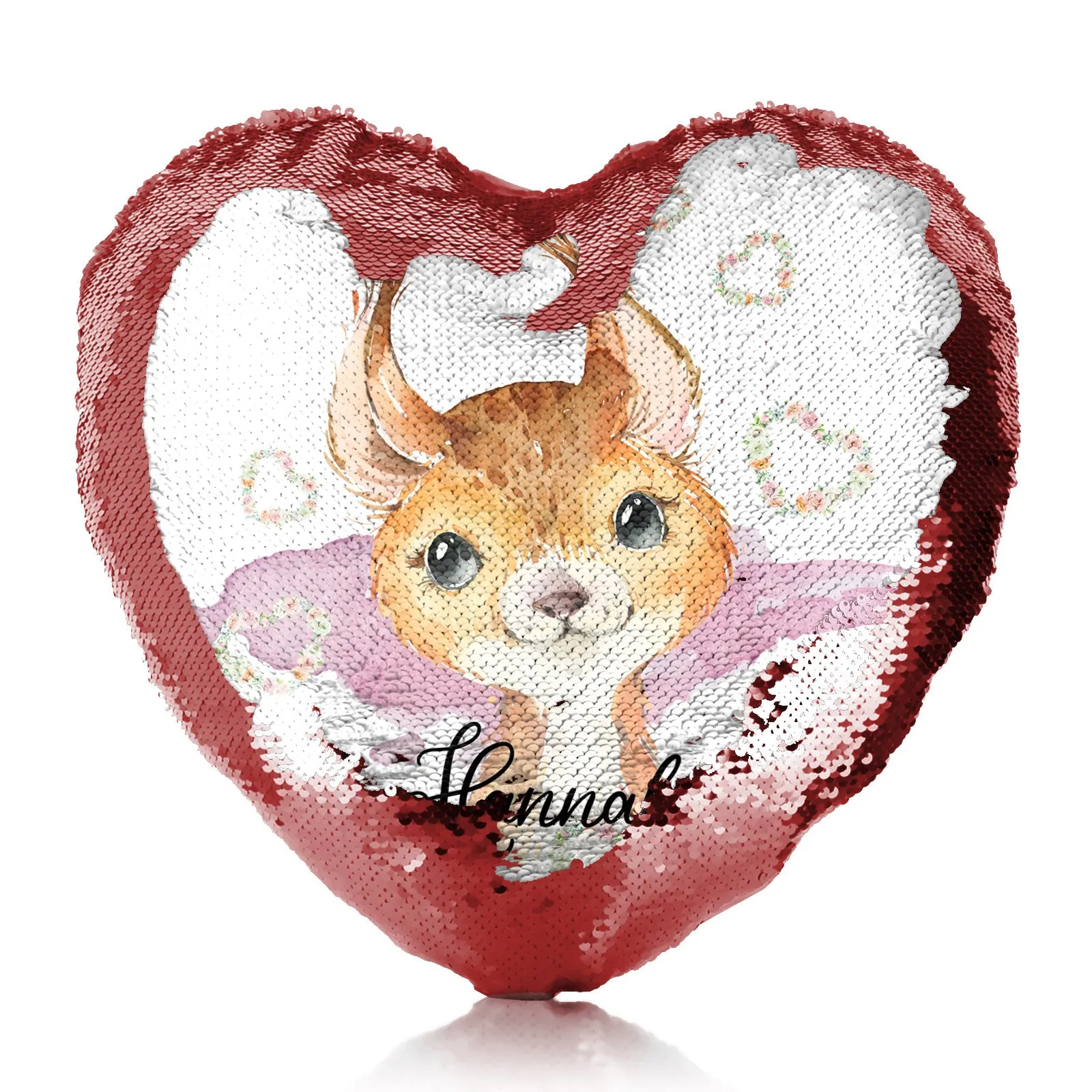 Personalised Sequin Heart Cushion with Red squirrel Heart Wreaths and Cute Text