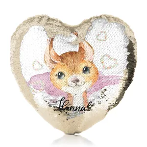 Personalised Sequin Heart Cushion with Red squirrel Heart Wreaths and Cute Text