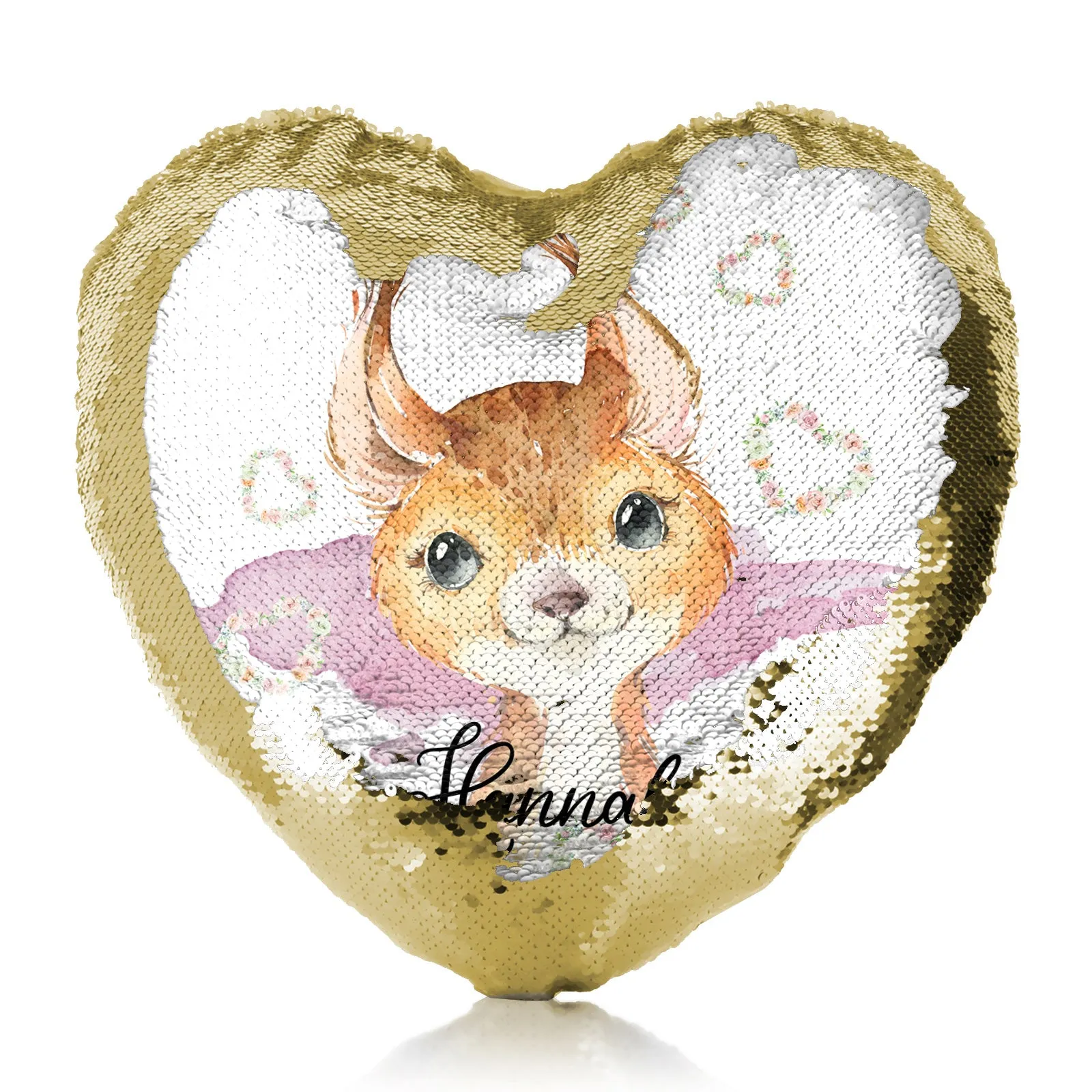 Personalised Sequin Heart Cushion with Red squirrel Heart Wreaths and Cute Text