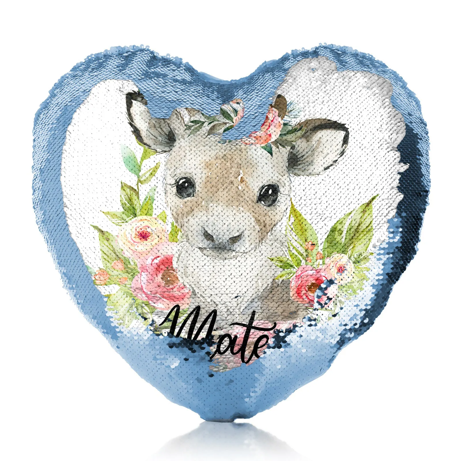 Personalised Sequin Heart Cushion with Reindeer Pink Flowers and Cute Text