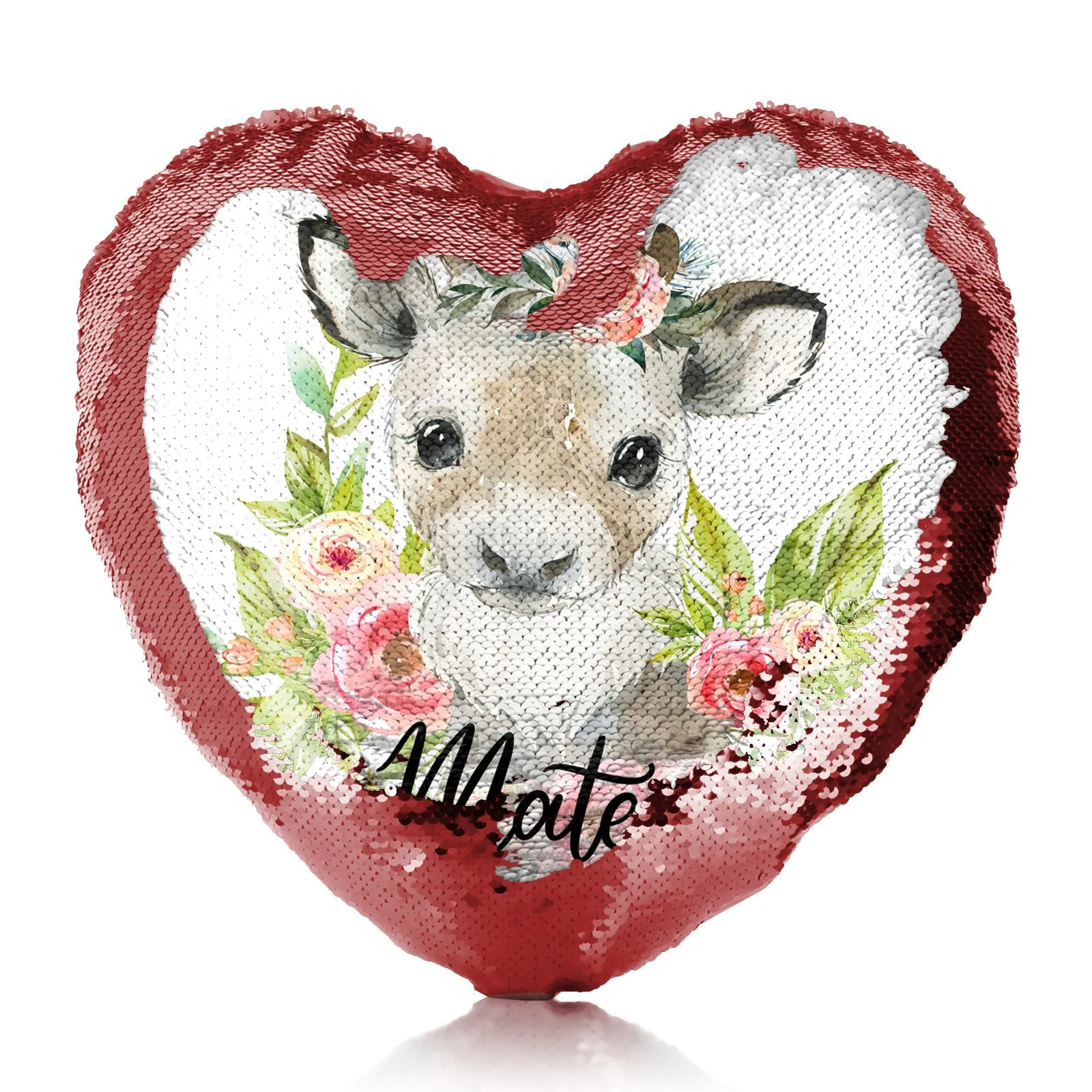 Personalised Sequin Heart Cushion with Reindeer Pink Flowers and Cute Text