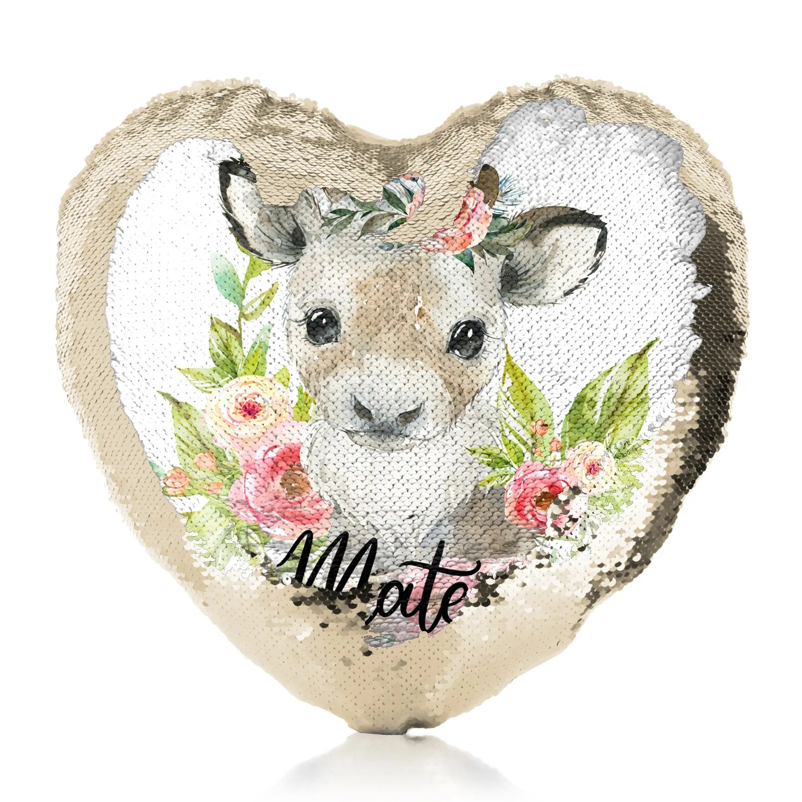 Personalised Sequin Heart Cushion with Reindeer Pink Flowers and Cute Text