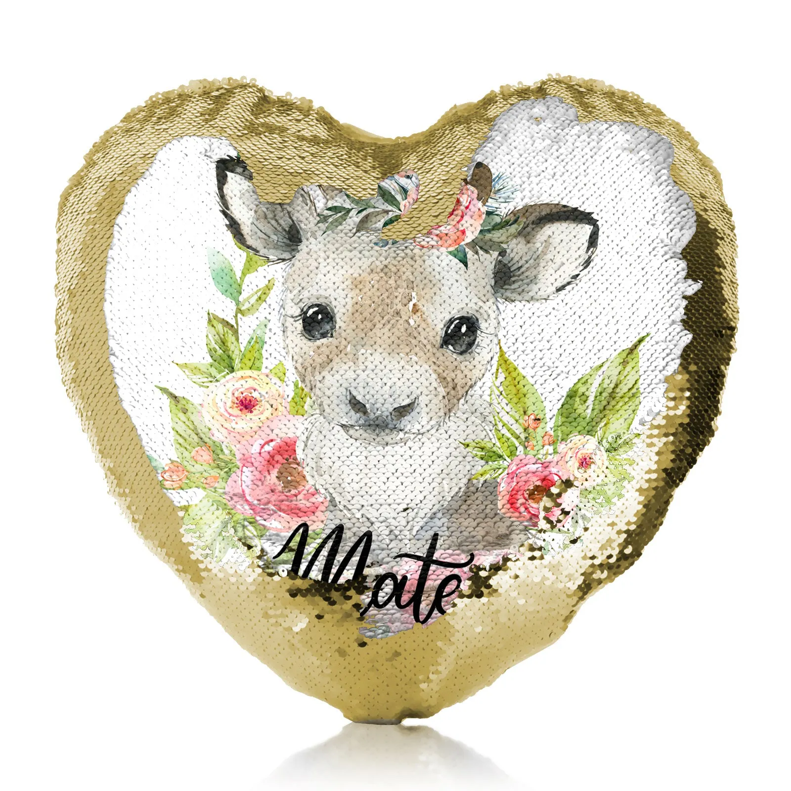 Personalised Sequin Heart Cushion with Reindeer Pink Flowers and Cute Text