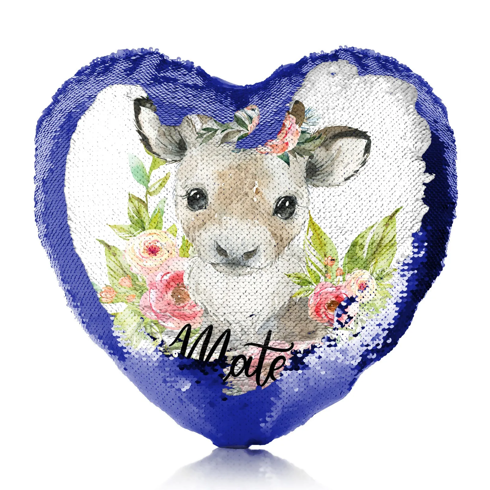 Personalised Sequin Heart Cushion with Reindeer Pink Flowers and Cute Text