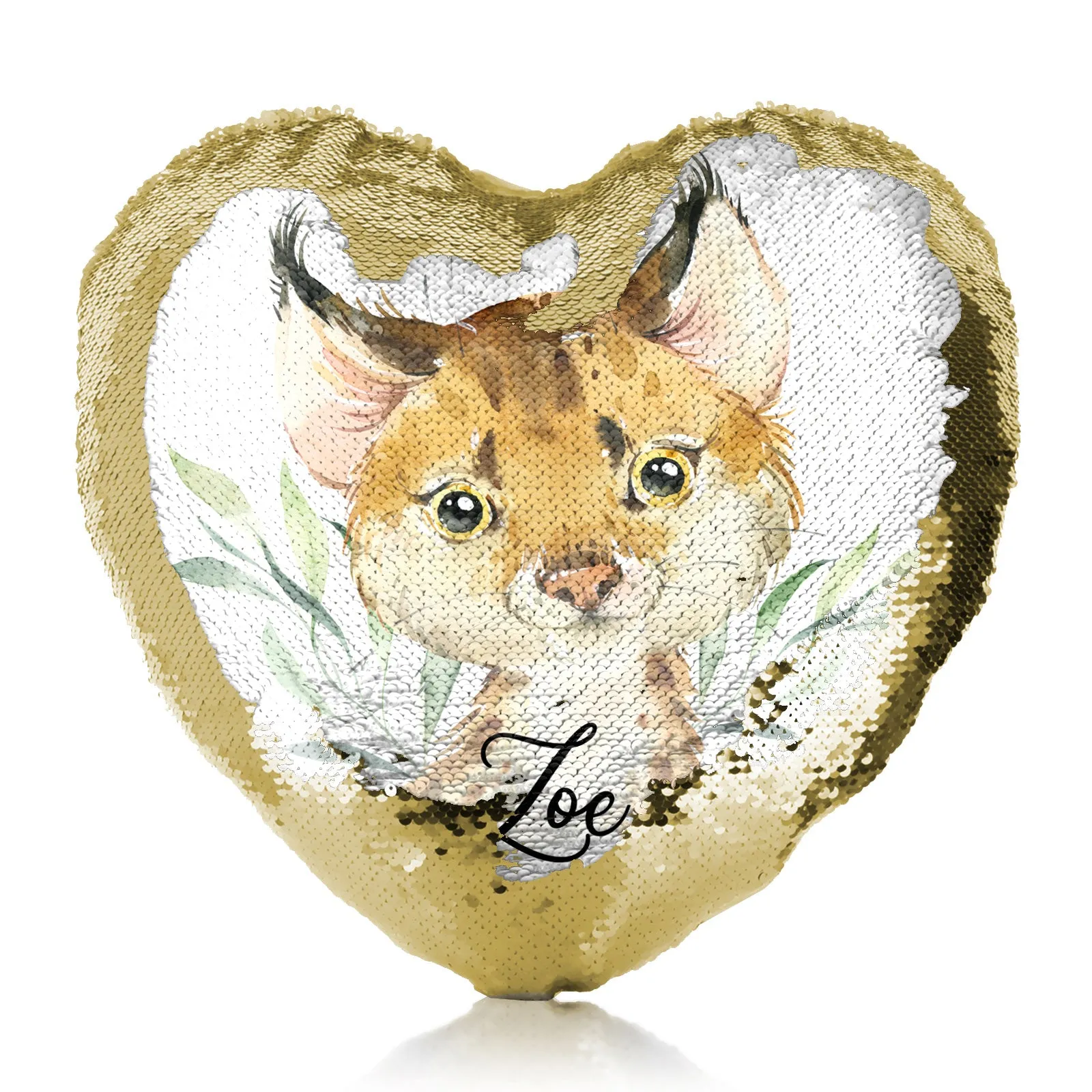 Personalised Sequin Heart Cushion with Spot Cat and Leaves and Cute Text