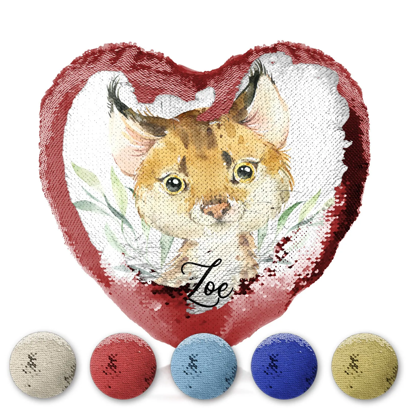 Personalised Sequin Heart Cushion with Spot Cat and Leaves and Cute Text