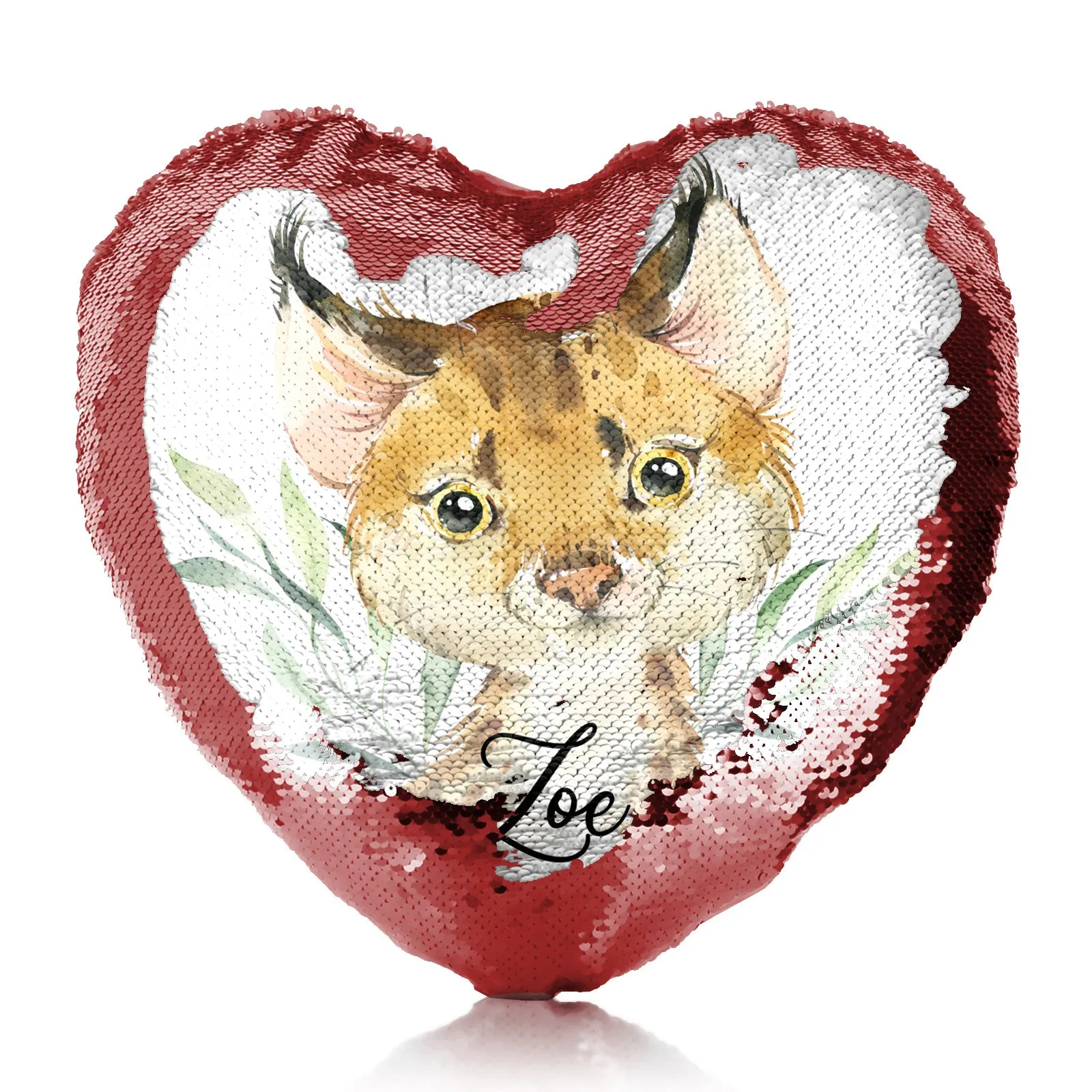 Personalised Sequin Heart Cushion with Spot Cat and Leaves and Cute Text
