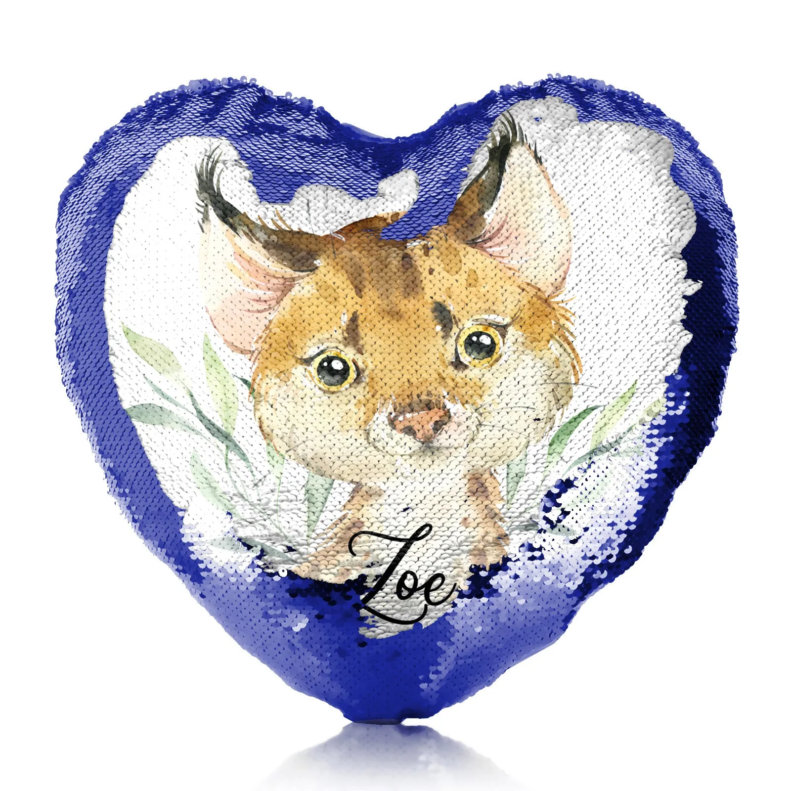 Personalised Sequin Heart Cushion with Spot Cat and Leaves and Cute Text