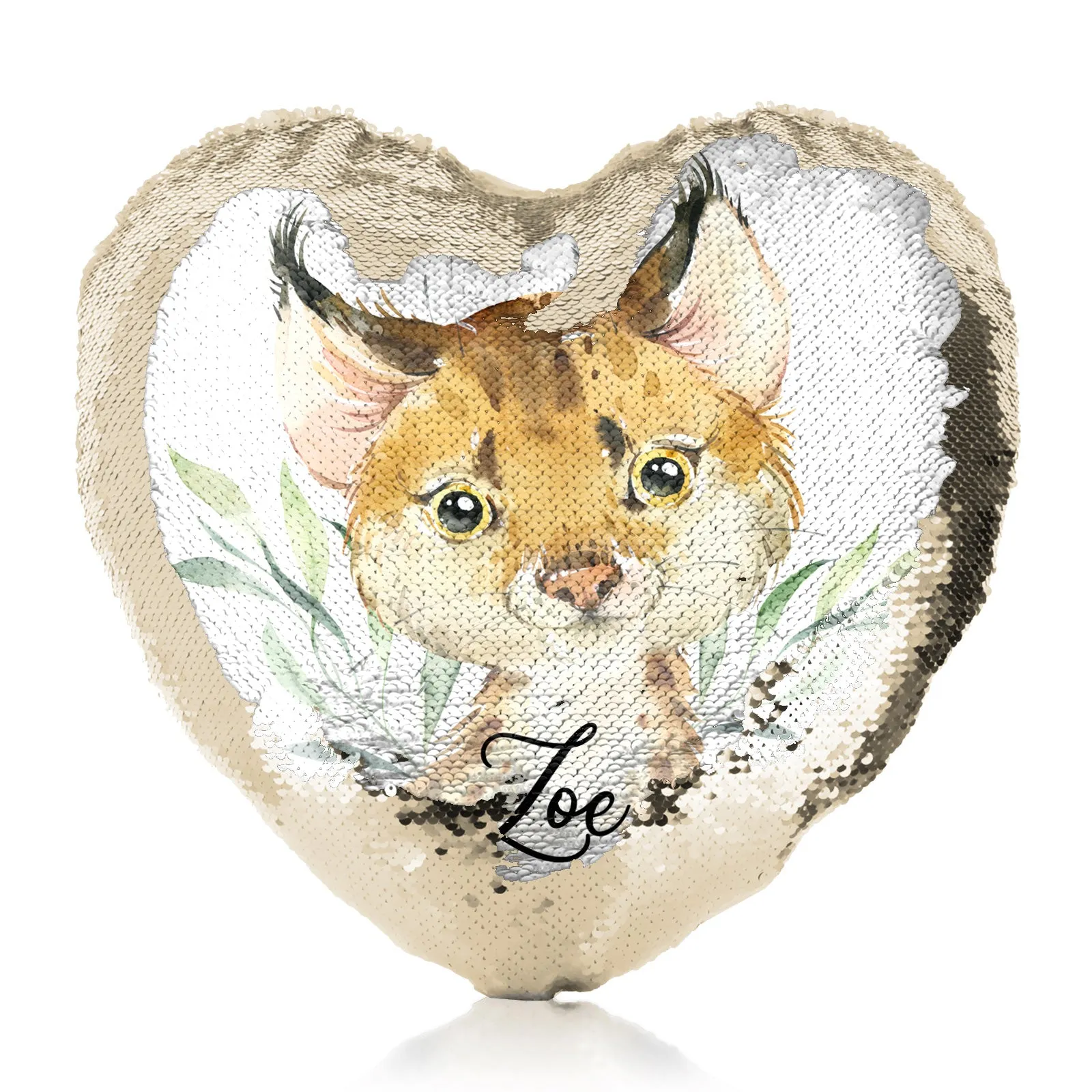 Personalised Sequin Heart Cushion with Spot Cat and Leaves and Cute Text