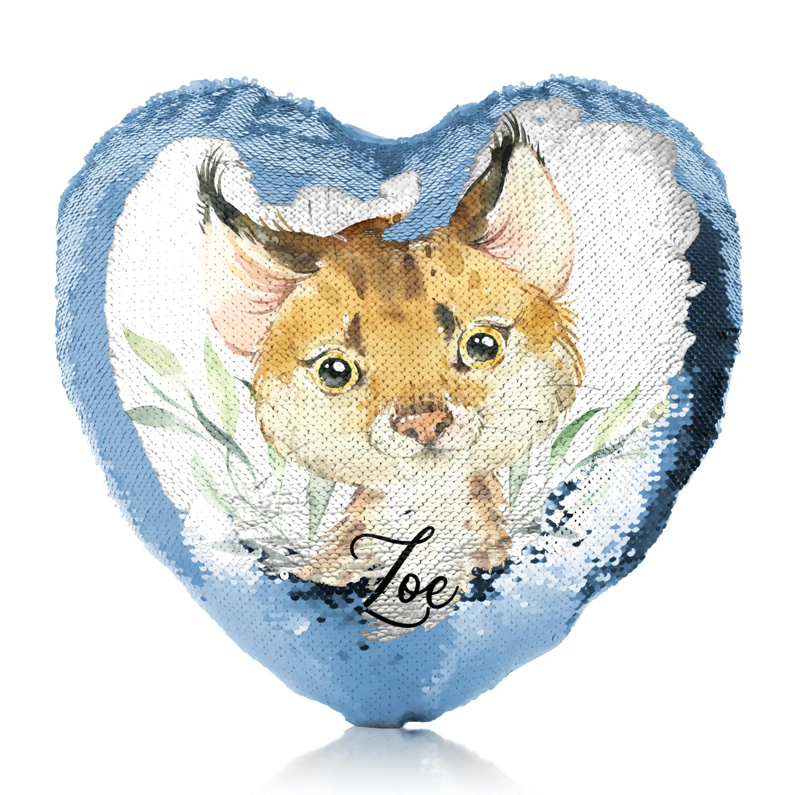Personalised Sequin Heart Cushion with Spot Cat and Leaves and Cute Text
