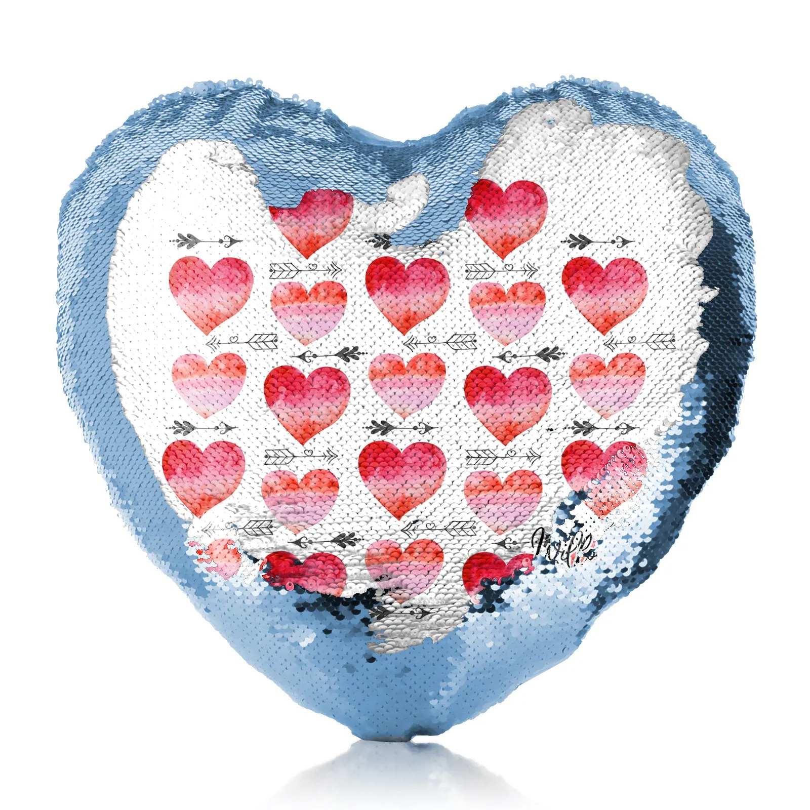 Personalised Sequin Heart Cushion with Stylish Text and Arrow Love Hearts Print