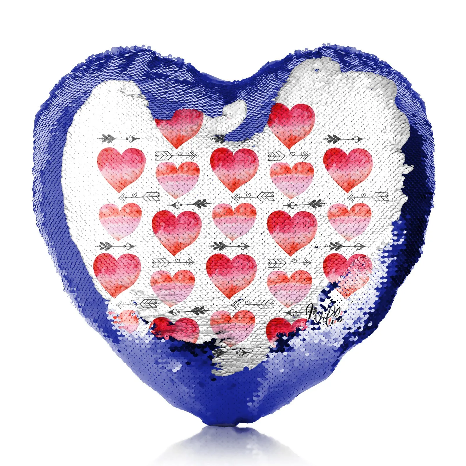 Personalised Sequin Heart Cushion with Stylish Text and Arrow Love Hearts Print