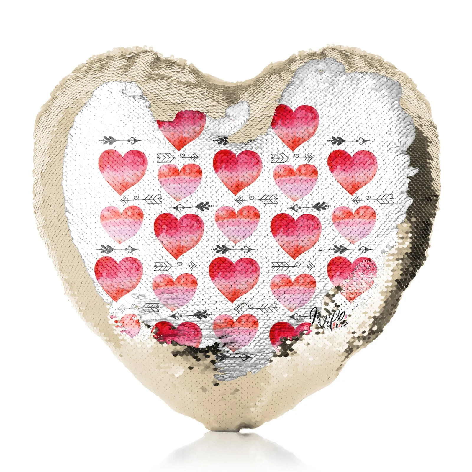 Personalised Sequin Heart Cushion with Stylish Text and Arrow Love Hearts Print