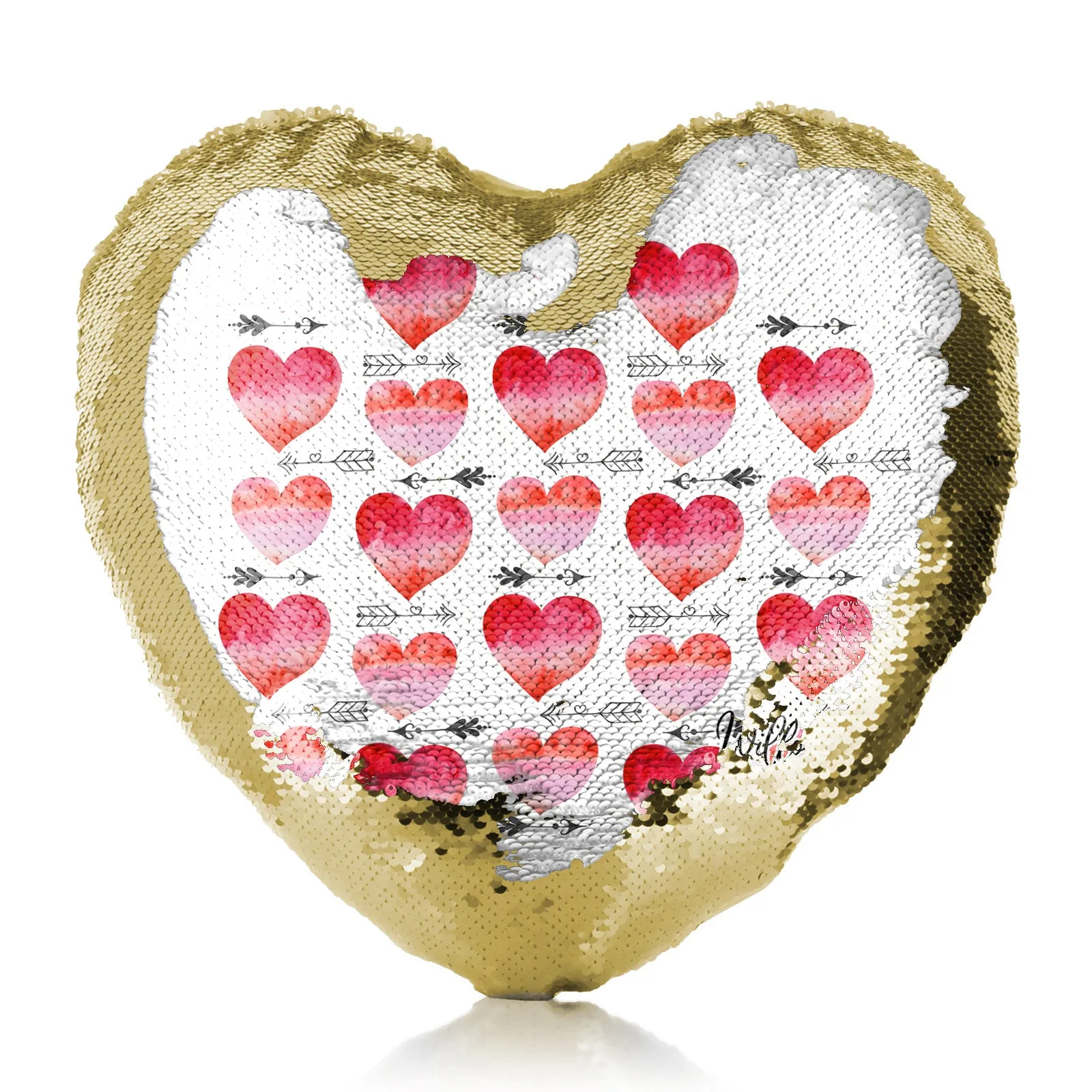 Personalised Sequin Heart Cushion with Stylish Text and Arrow Love Hearts Print